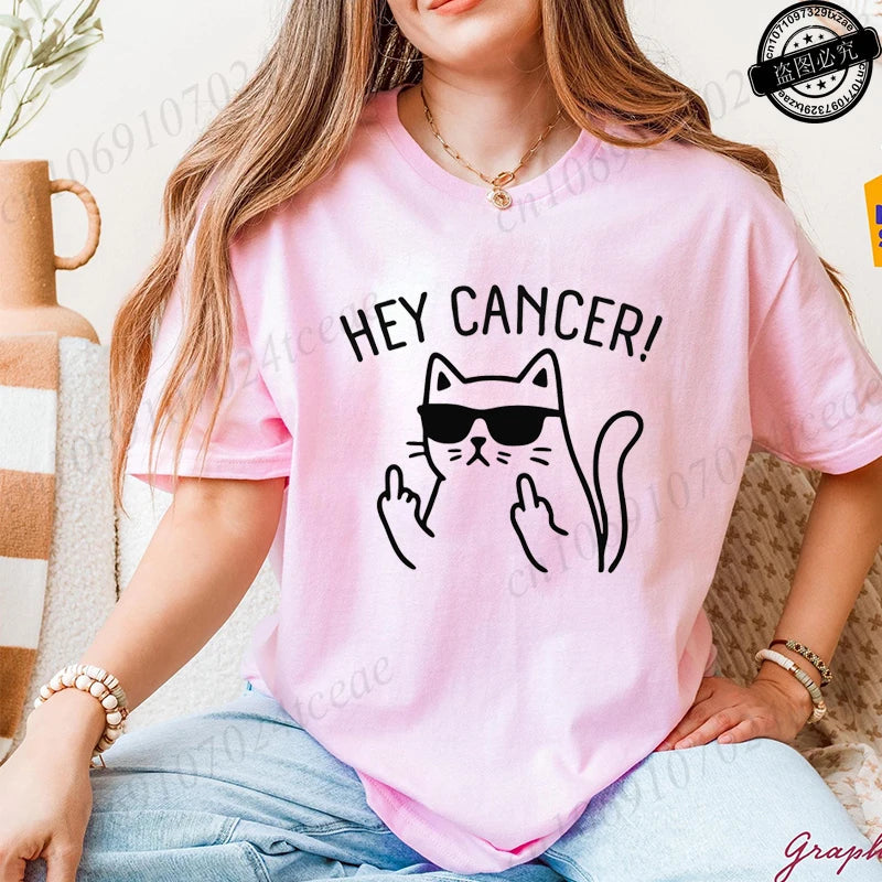 "Hey Cancer" 3D Cat Print Breast Cancer Awareness T-Shirt to 3X Plus Size