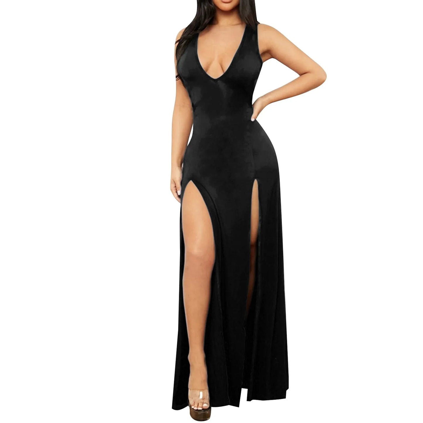 Double High Slit Deep V-Neck Solid Bodycon Skinny Maxi Dress