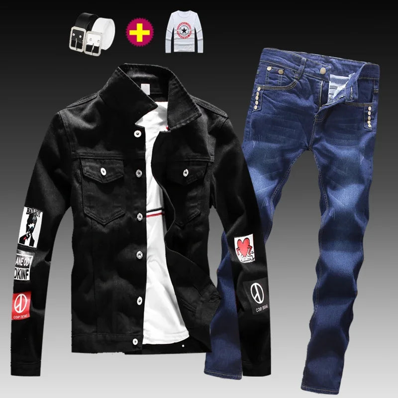 Men's Washed Denim Solid/Peace Sign Patch Design Jean Jacket + Ruched Skinny Jeans 2-Piece Set