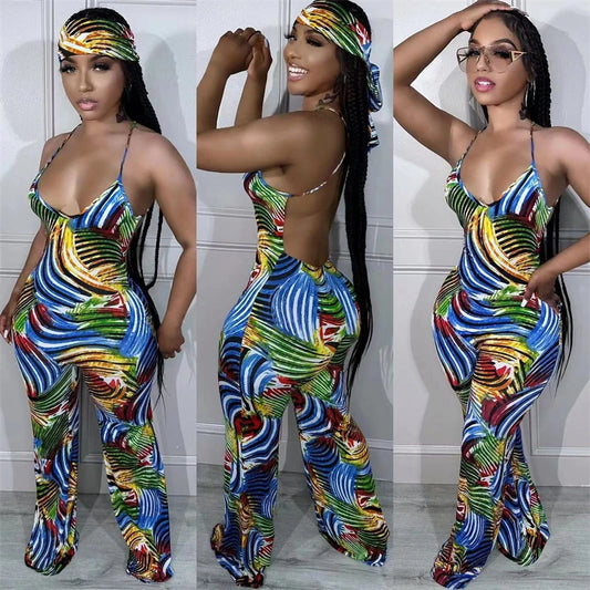 Rainbow Tropical Swirl Print Spaghetti Strap Backless Women's V-Neck Jumpsuit w/ Matching Headband