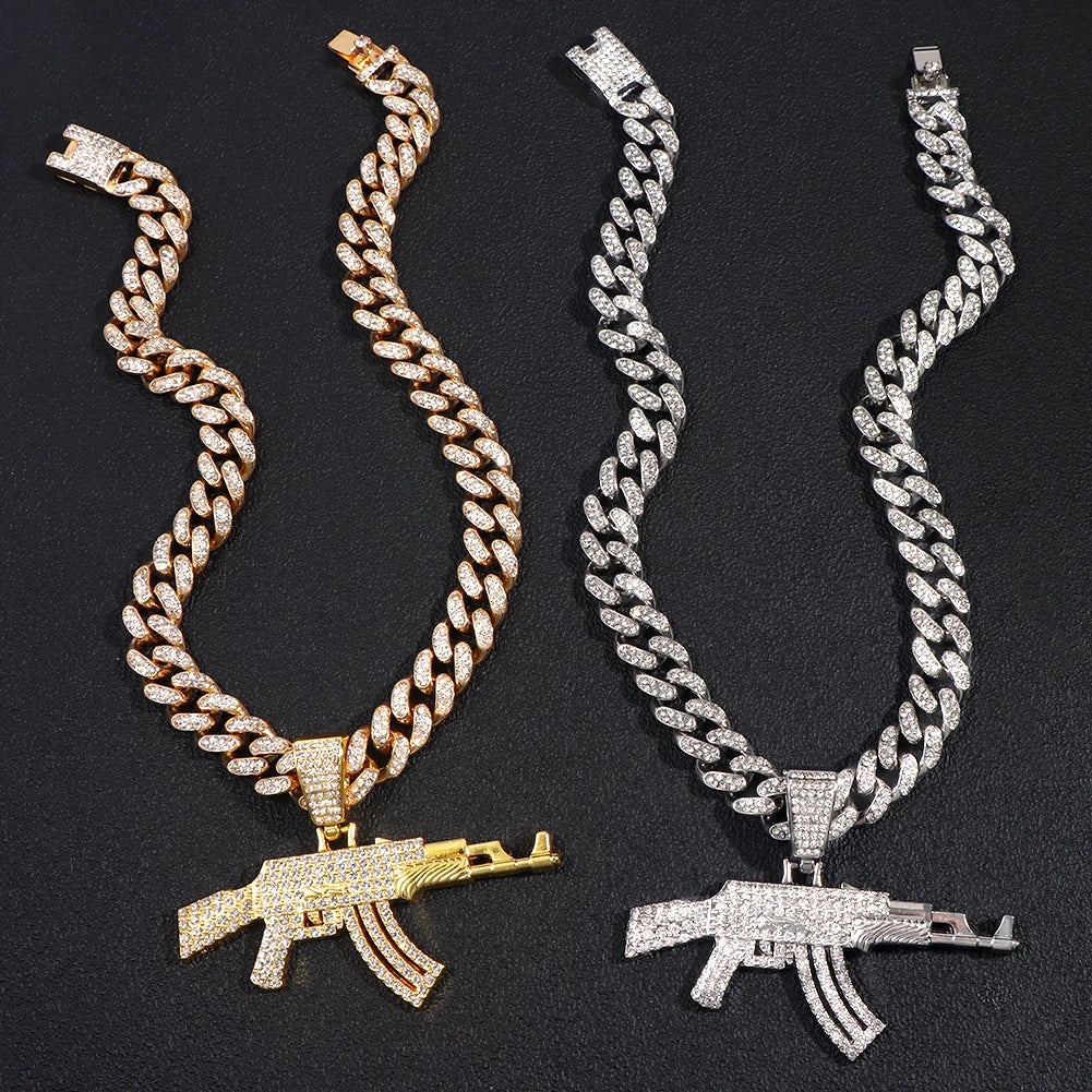 Hip-Hop Gun Pendant Gold Iced Out Crystal Cuban Link Chain