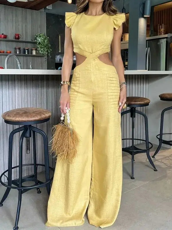 Sleeveless Ruffled Solid/Denim/Floral Hollow-Out Ring Design O-Neck Waist Wide Leg Jumpsuit