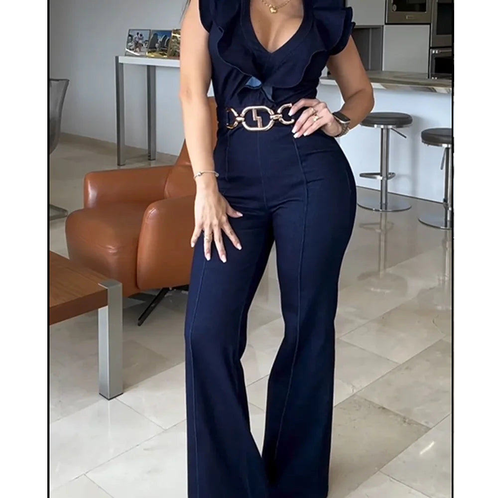 Denim Ruffled Gold Chain Belt Decor V-Neck Women's Sleeveless Lace-Up Bodycon Jean Jumpsuit