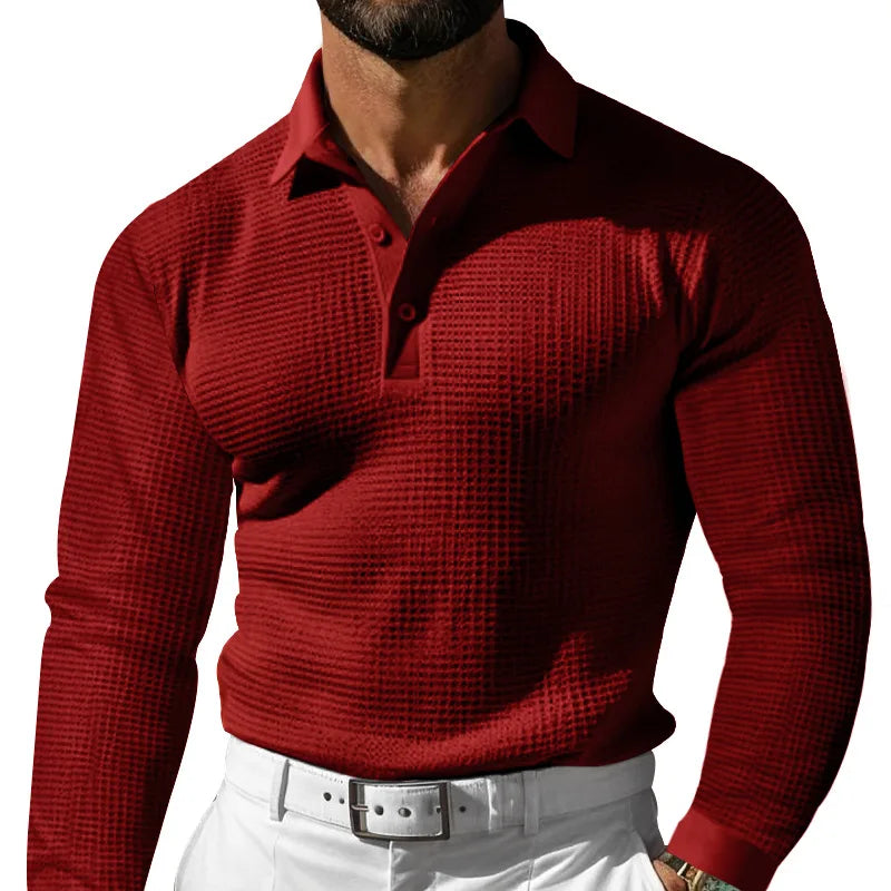 Men's Waffle Pattern Long Sleeve Turn-Down Collar Pullover Polo Shirt