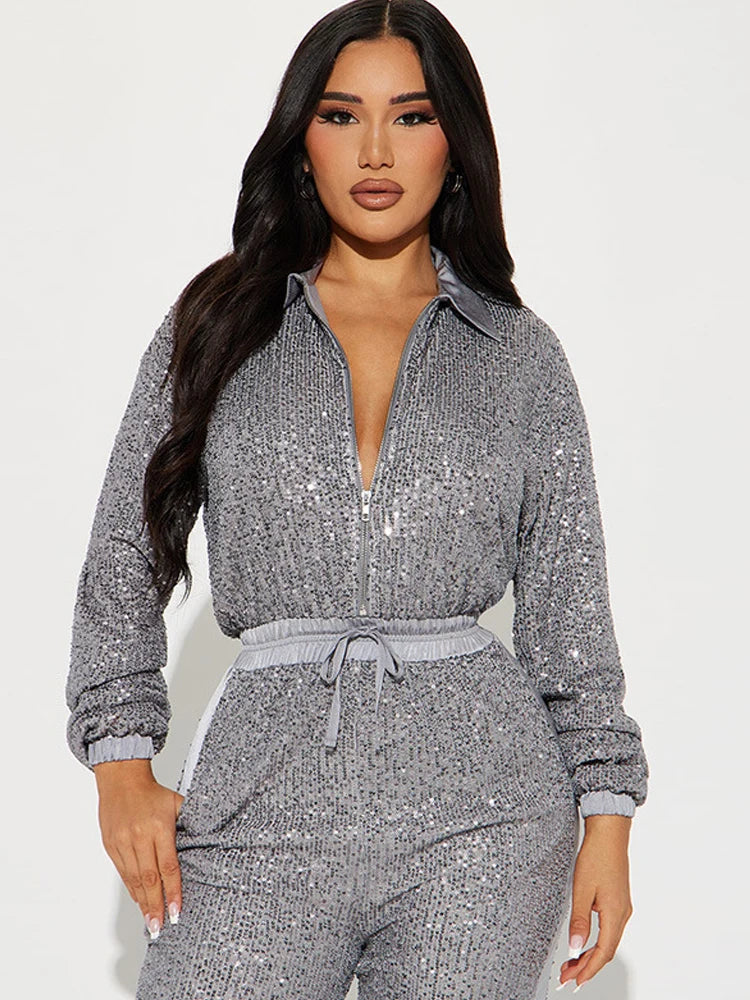 Sequin Zipper Front Long Sleeved Drawstring Jumpsuit