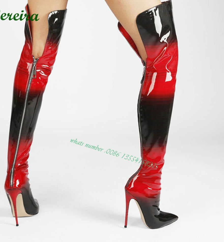 Black/Red Gradient Over The Knee Boots Glossy Pointed Toe Stiletto Heels Back Zipper Women's Boots