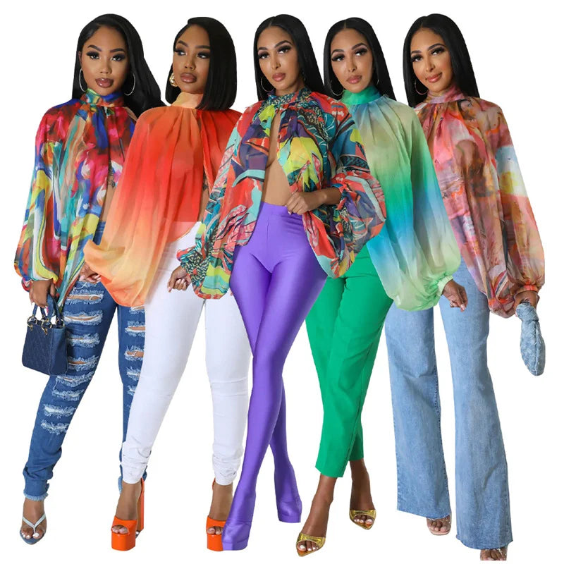 Chiffon Floral/Gradient Colorblock Sheer Front Slit Batwing Sleeve Women's Blouse