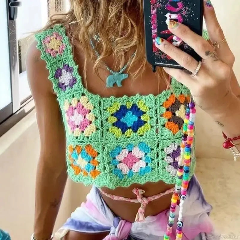 Crochet Multi-Colored Square Flower Design Knitted Square Neck Women's Sleeveless Cropped Tank Top