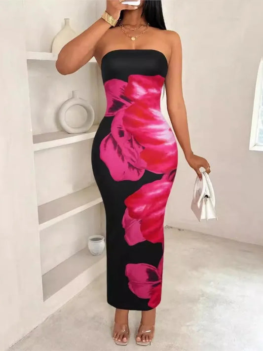 Sleeveless Big Flower Print Bodycon Skinny Maxi Tube Dress