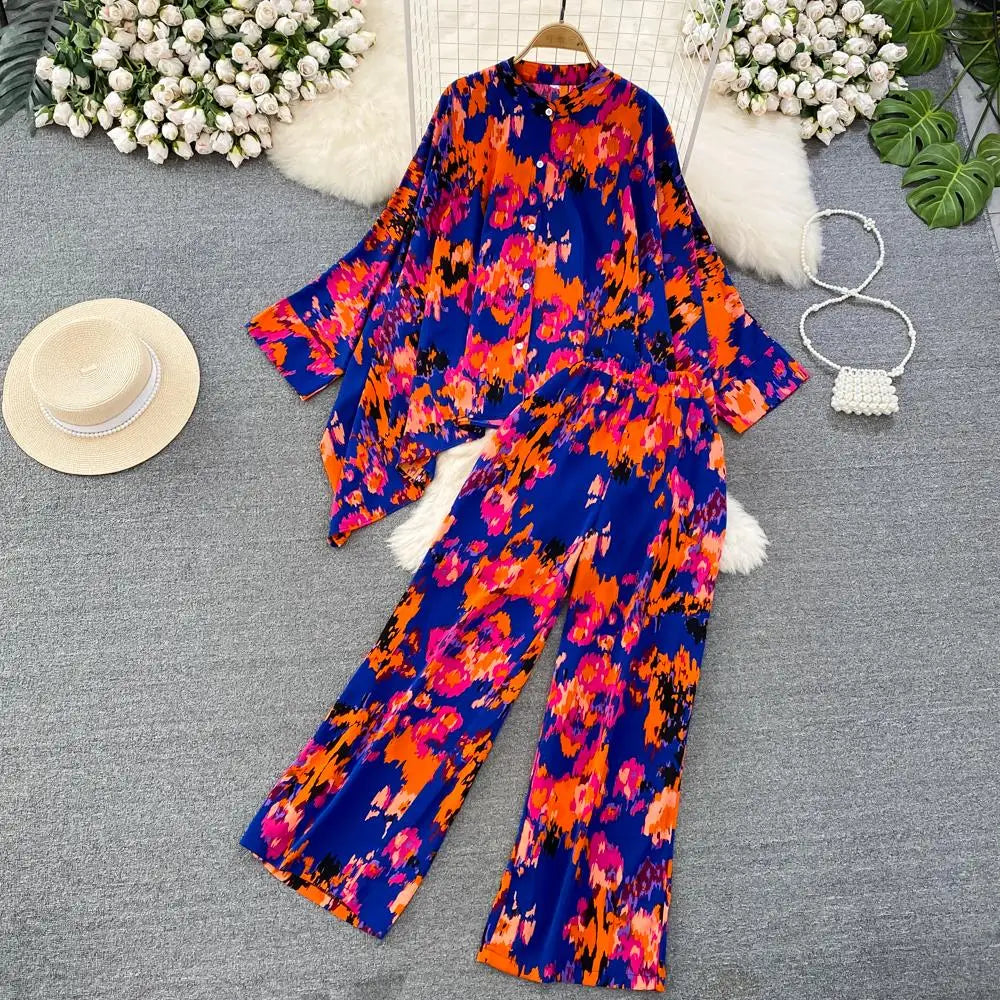 Fashion New Women Casual Loose Floral Trousers Suit Boho Elegant Maxi Shirts Blouses Wide-Leg Pantsuit Female Party Two Pieces