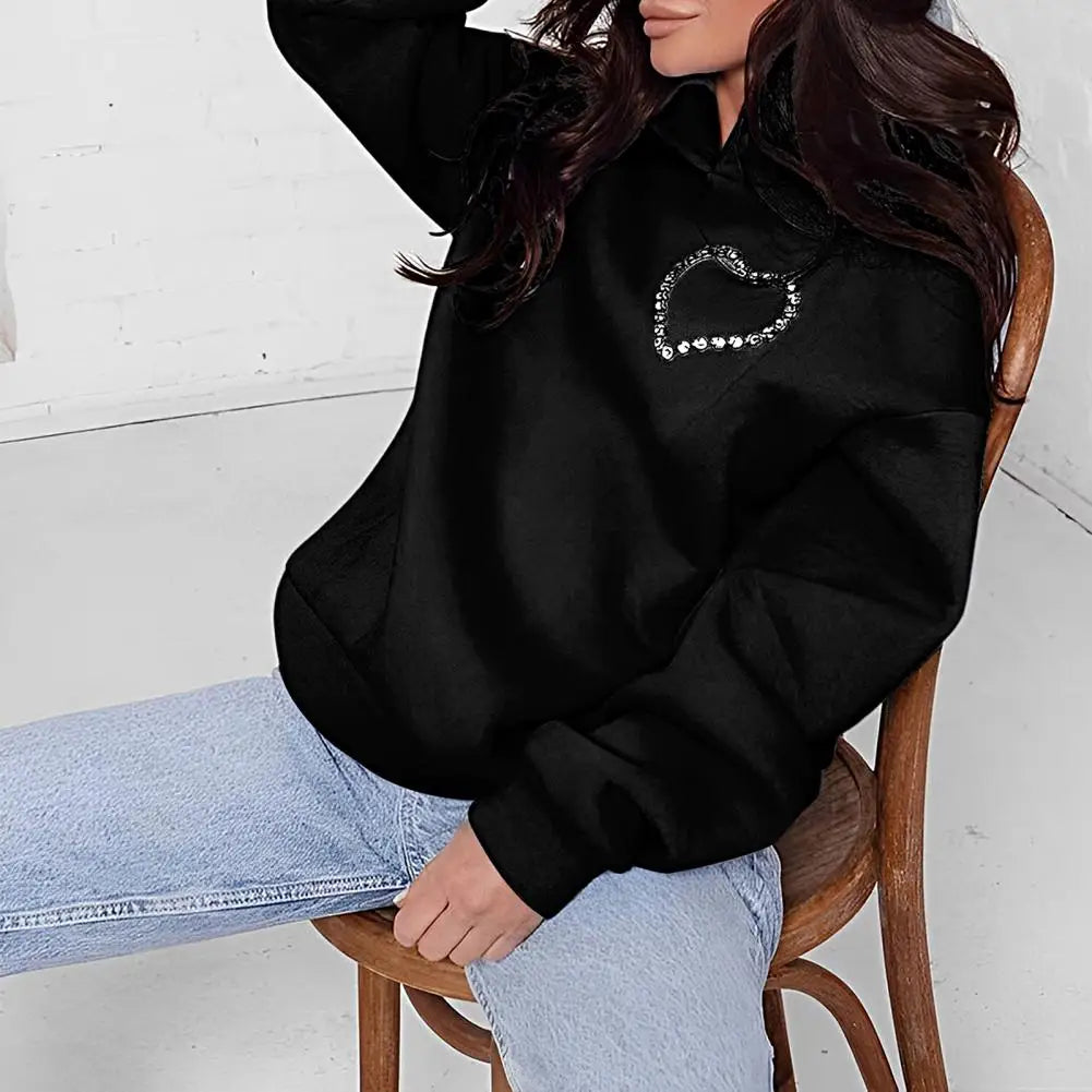 Heart Shape Ladies Backless Hollow-Out Rhinestone Pullover Solid Color Hoodie