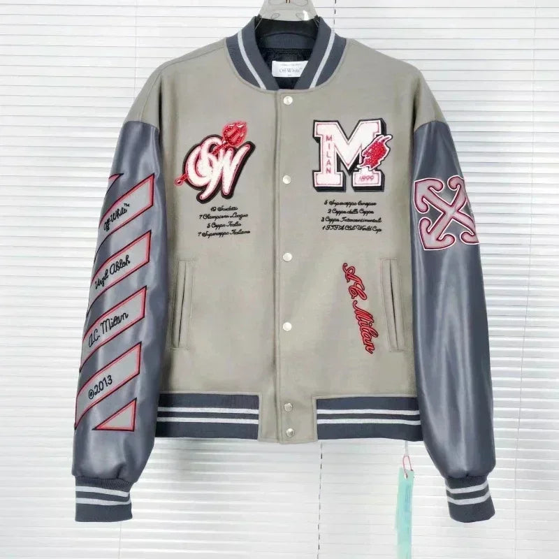 Retro Men's Streetwear Hip-Hop Letter Print Embroidered Baseball Varsity Bomber Jacket