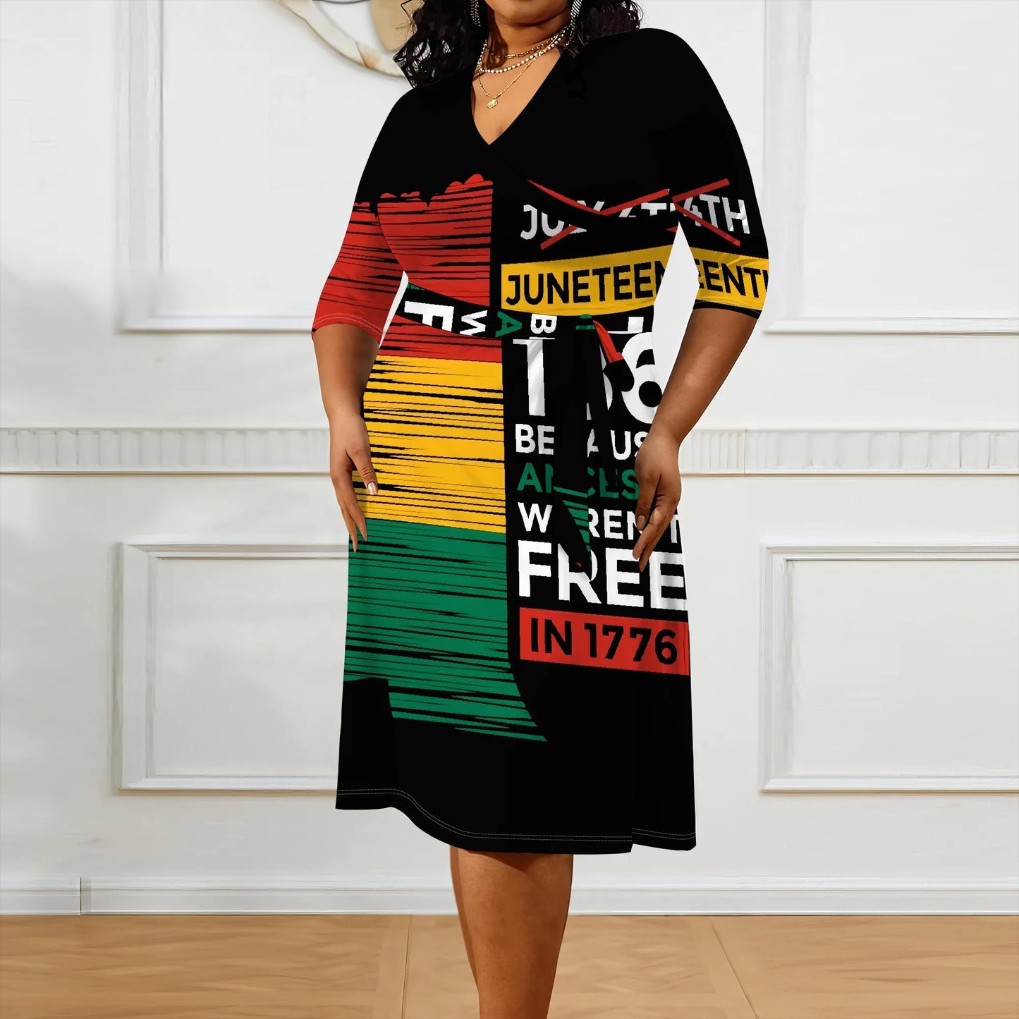 Juneteenth Flag V-Neck Long Sleeve Maxi Dress to 6X Plus Size