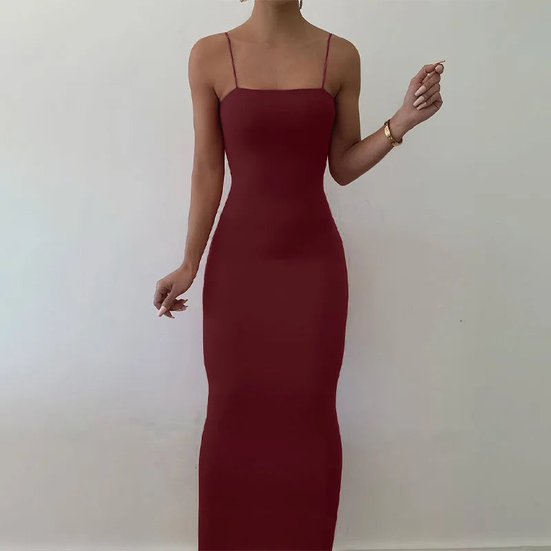 Solid Spaghetti Strap Midi Bodycon  Streetwear Maxi Dress