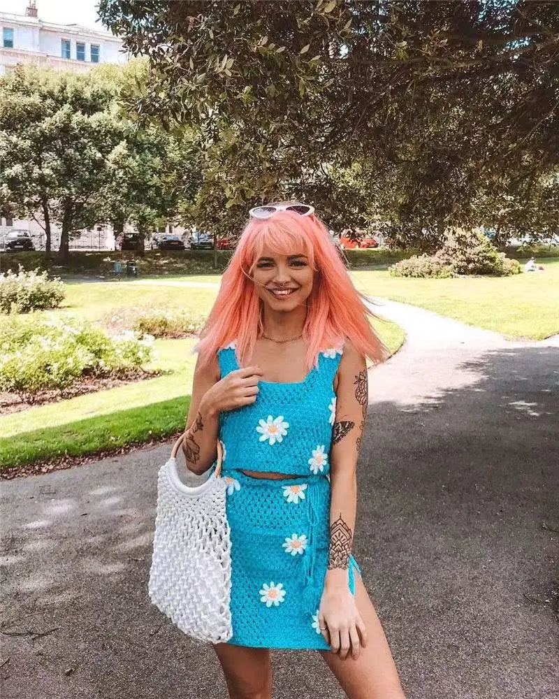 Crochet Big Flower Pattern Knitted Women's Sweater Tank Top + Drawstring Mini Skirt 2-Piece Set