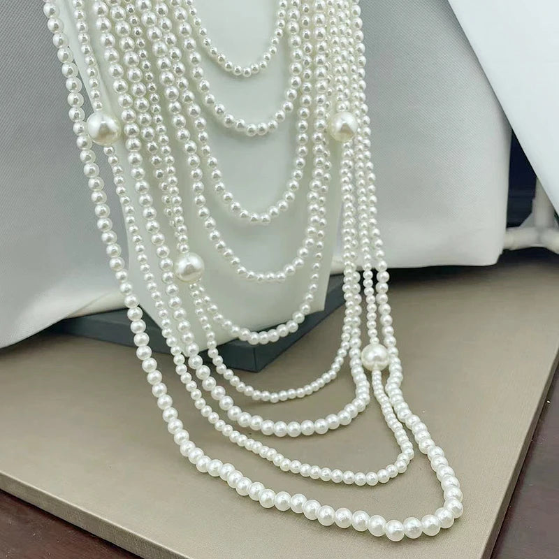 Multi-Layer White Big Pearl Women's Tassel Collar Bridal Choker Necklace