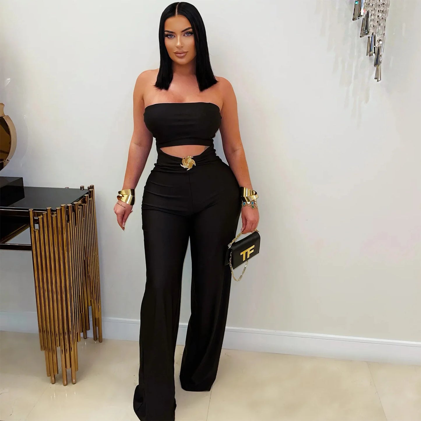 Sleeveless Sexy Ring Pendant Hollow-Out Design Bodycon Women's Sleeveless Backless Jumpsuit
