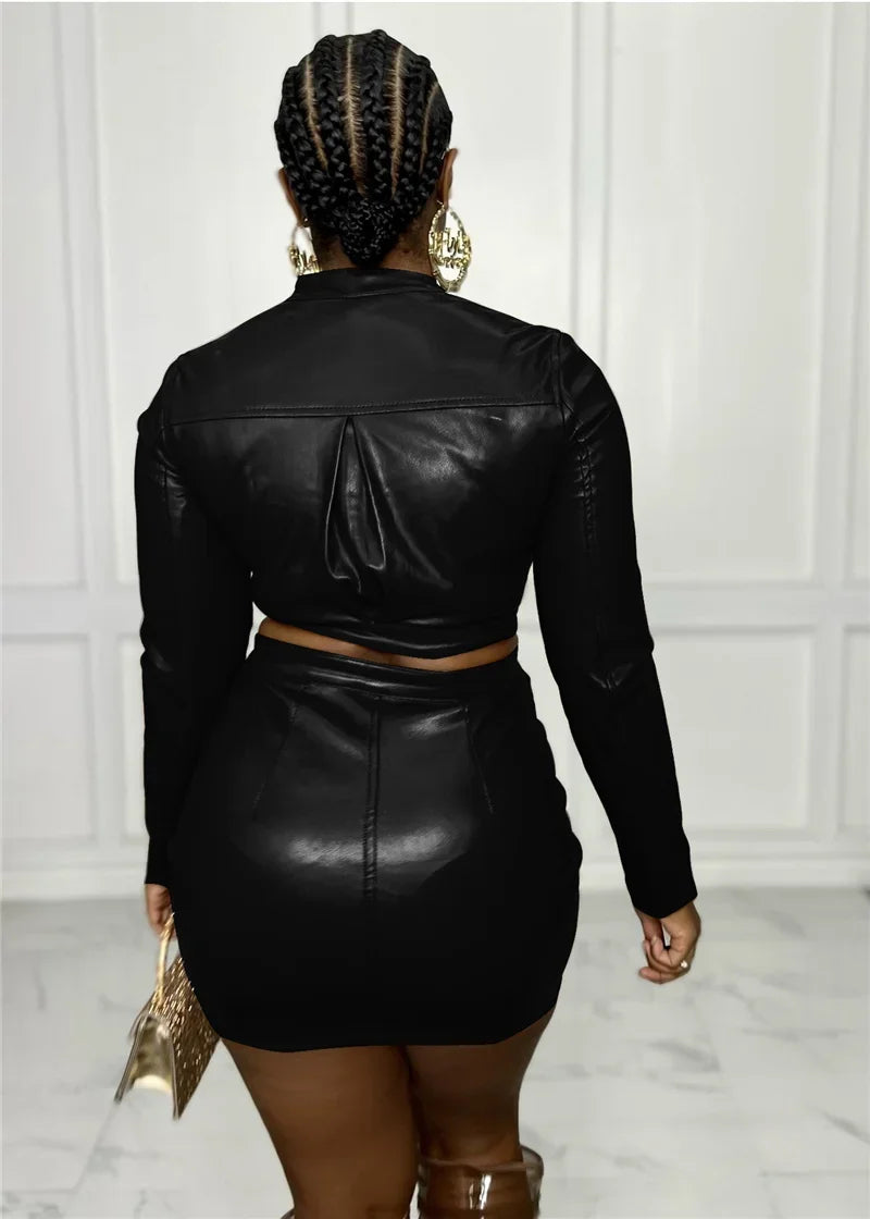 PU Faux Leather Dress Sets for Women 2 Piece Set Outfit Autumn Long Sleeve Jacket Top and Mini Skirt Moto Biker Matching Sets