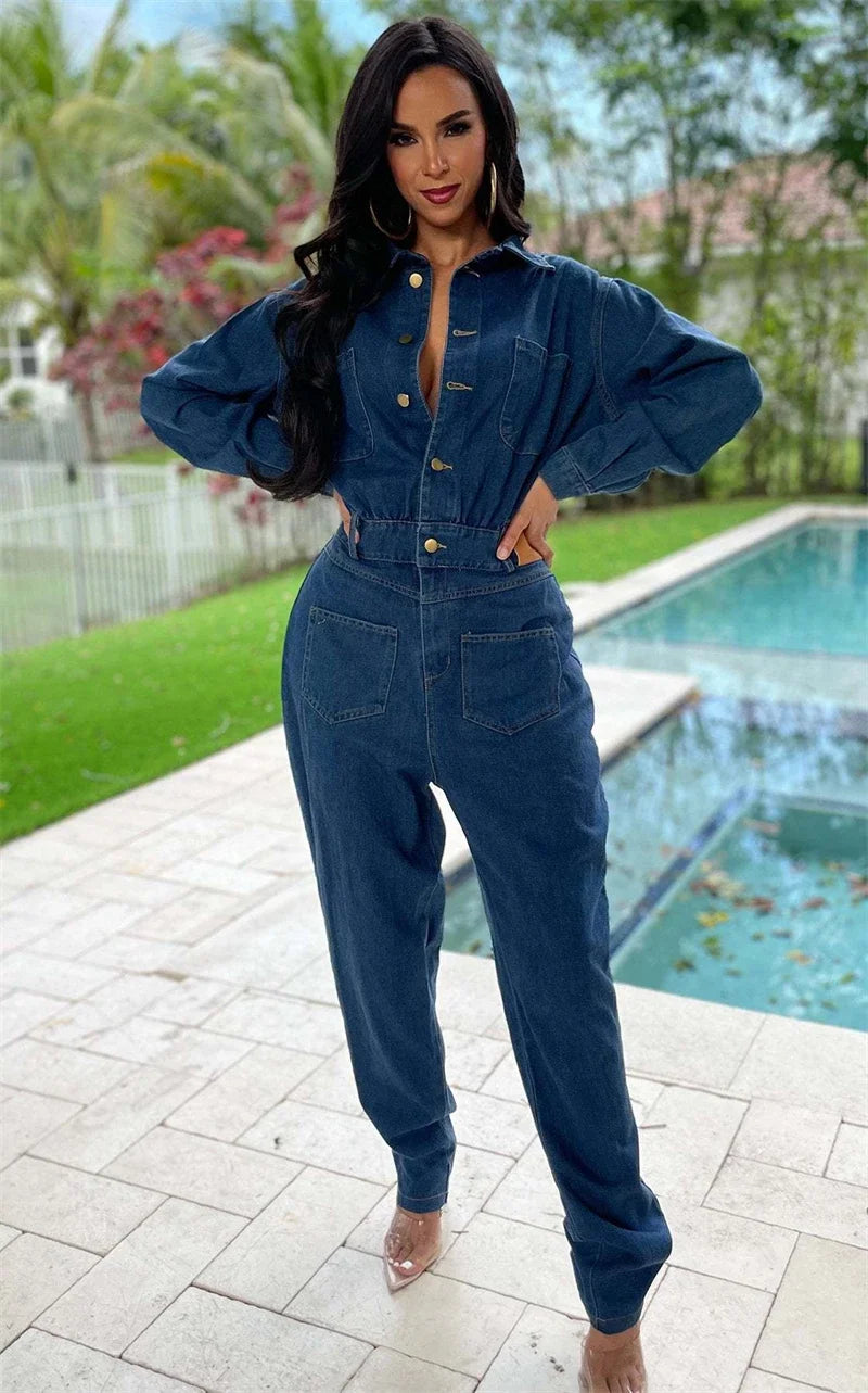 Blue Denim Women's Cargo Pocketed Long Sleeve Button Front Women's Streetwear Jeans Jumpsuit