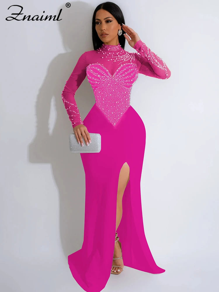 Mesh Sheer Transparent Patchwork Long Sleeve Diamond Rhinestone Mermaid Prom Formal Floor-Length Dress