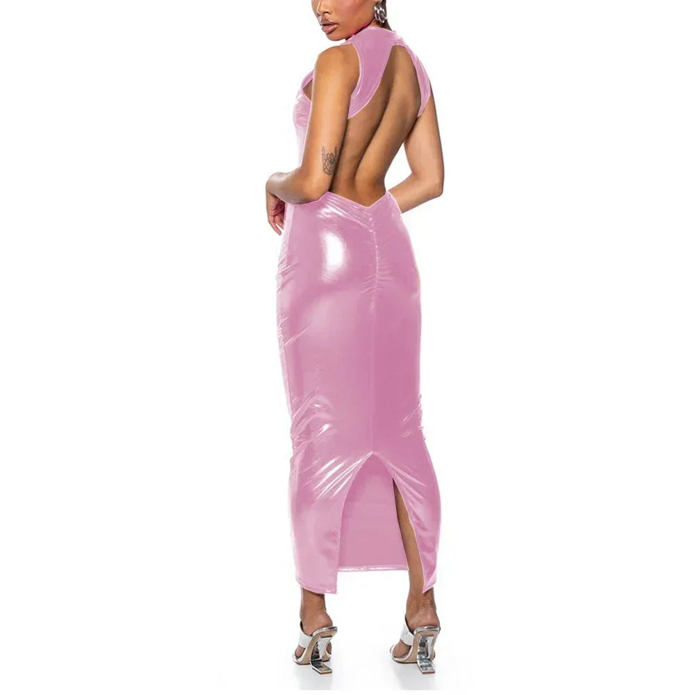Shiny PU Leather Metallic Backless Sleeveless High Back Slit Bodycon Formal Maxi Party Dress to 3X Plus Size