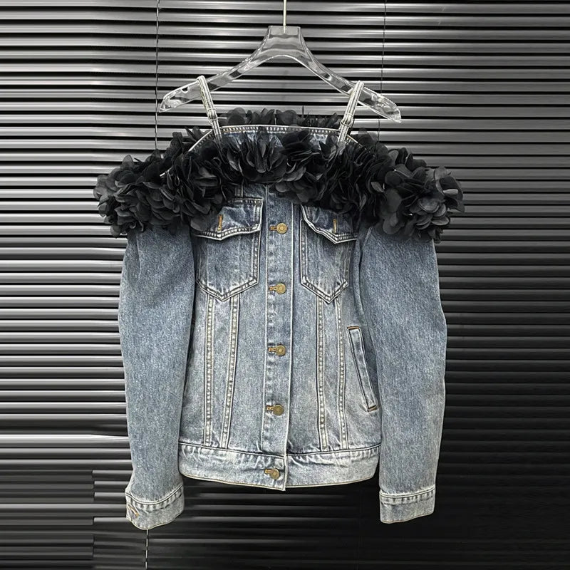 Denim Faded Light Blue Irregular Washed Black Rose Flower Trim Off-the-Shoulder Women's Double Pocket Design Jean Jacket