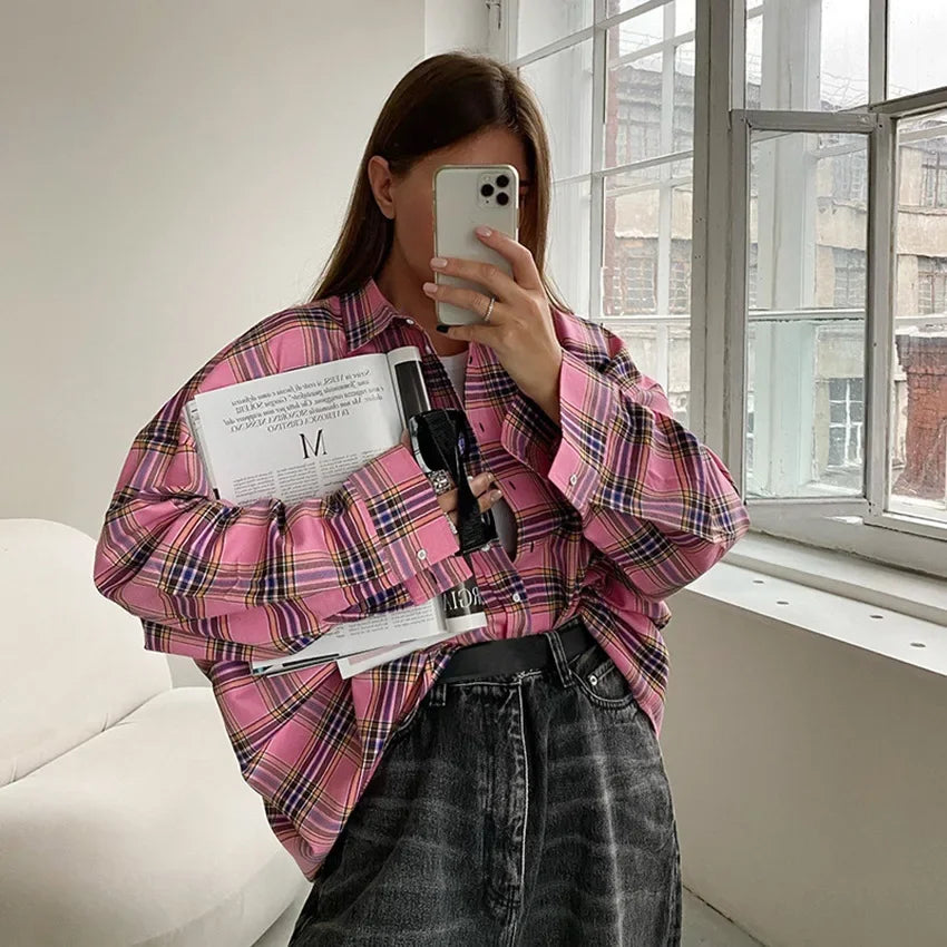 Pink Plaid Women's Streetwear Turn-Down Collar Long Sleeve Single-Breasted Oversized Blouse