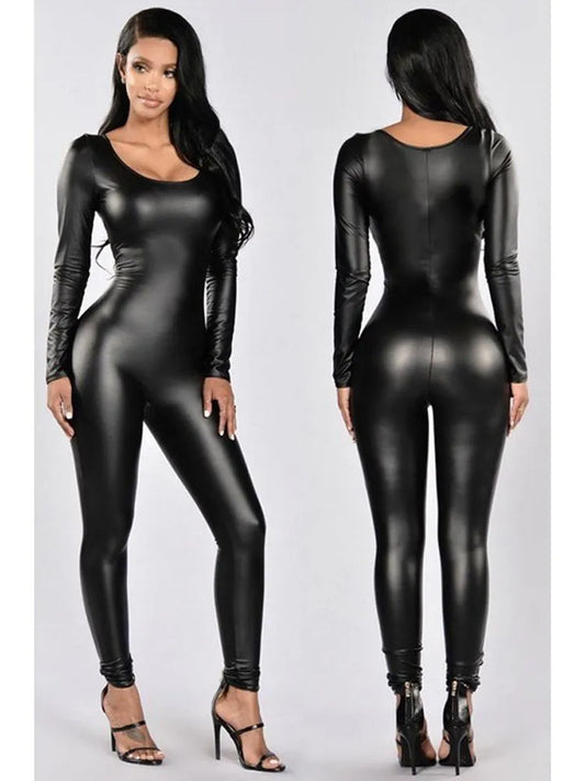 Black Round Neck Elastic PU Leather Long Sleeve Catsuit Jumpsuit