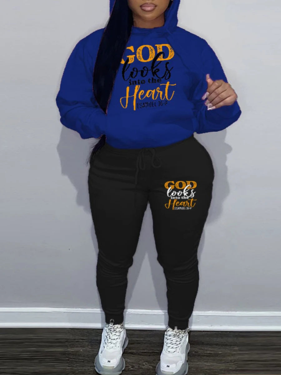 "GOD Looks Into The Heart"/Money/Butterfly Printed Women's Hoodie Sweatshirt + Solid Sweatpants Tracksuit to 5X Plus Size