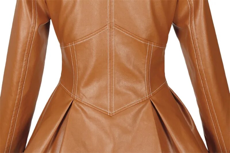 PU Leather Turn-Down Collar Long Sleeve High Waist Zipper Short Corset Jacket