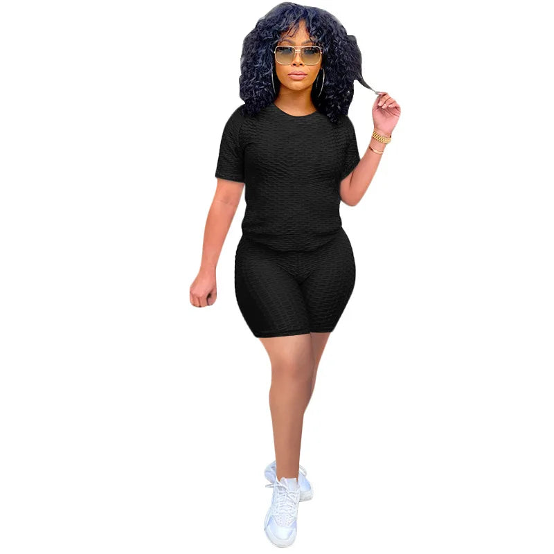 Texturized Sportswear O-Neck Solid Color Short Sleeve Women's T-Shirt + Shorts 2-Piece Fitness Workout Set