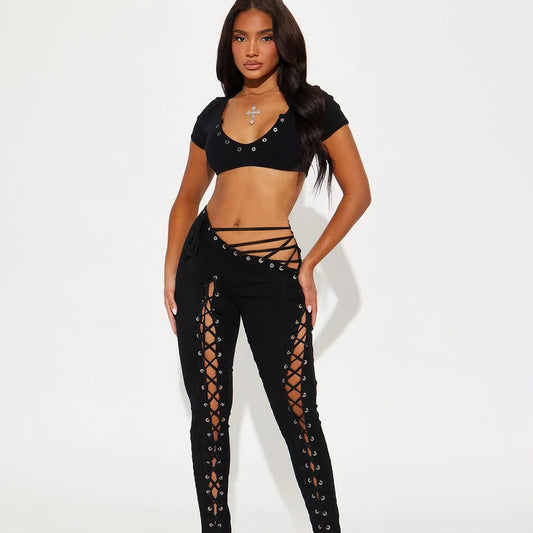 Sexy Women's Sleeveless Crop Tank Top + Criss-Cross Lace-Up Hollow-Out Bandage Leggings 2-Piece Set