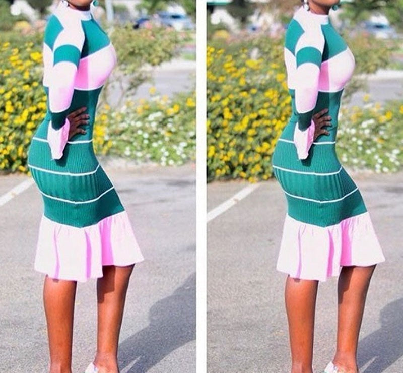 Striped Colorblock Patchwork Flare Sleeve Sweater & Ruffled Mermaid Midi Skirt 2-Piece Set