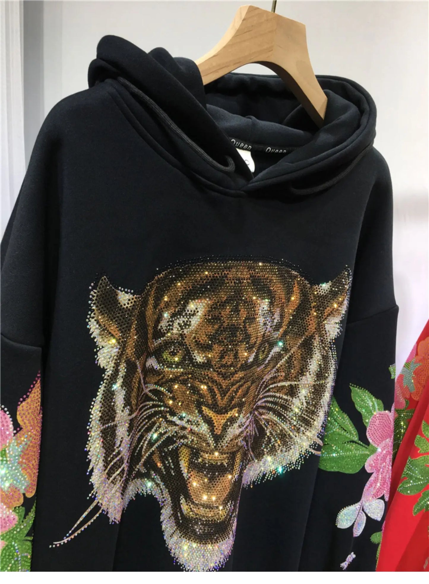 Sparkling 3D Rhinestone Fleece Padded Women's Leopard Tiger Hoodie Sweatshirt