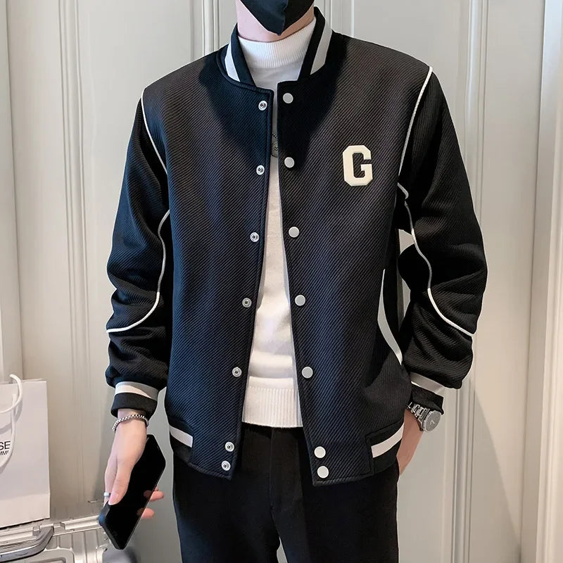 Men's "B" Letter Print Colorblock Side Striped Button-Up Stand Collar Baseball Bomber Jacket