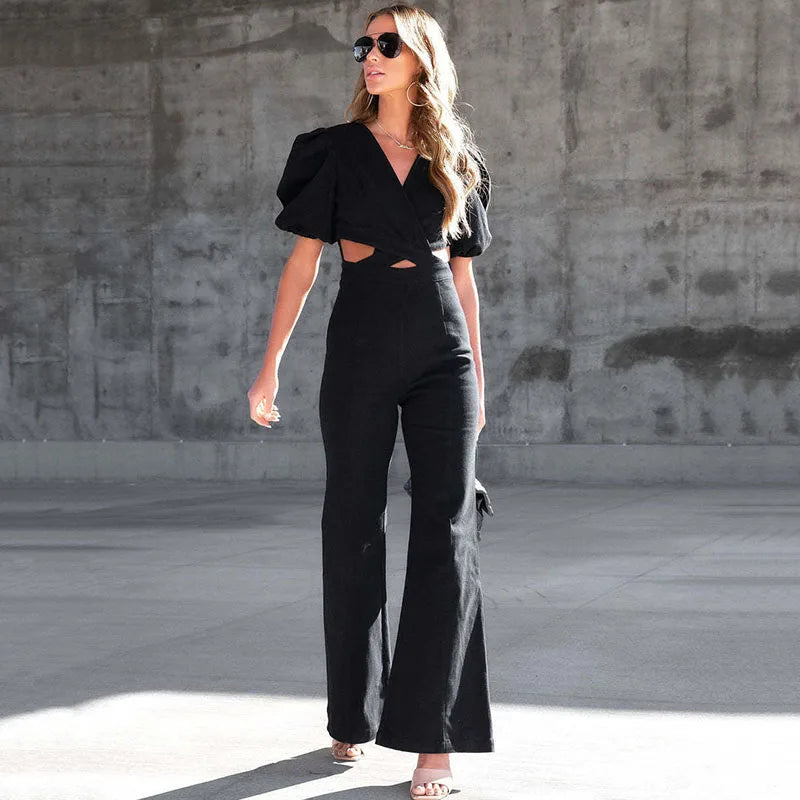 Denim Criss-Cross Skinny Fit Short Puff Sleeve V-Neck Hollow-Out High Waist Flared Pant Jumpsuit