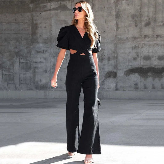 Denim Criss-Cross Skinny Fit Short Puff Sleeve V-Neck Hollow-Out High Waist Flared Pant Jumpsuit