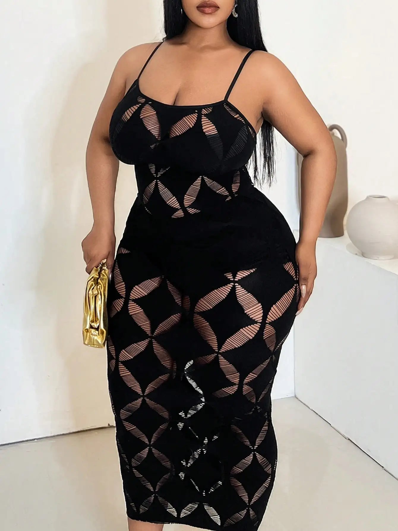 Mesh Sleeveless Black Geometric Hollow-Out Pattern Spaghetti Strap Maxi Plus Size Dress