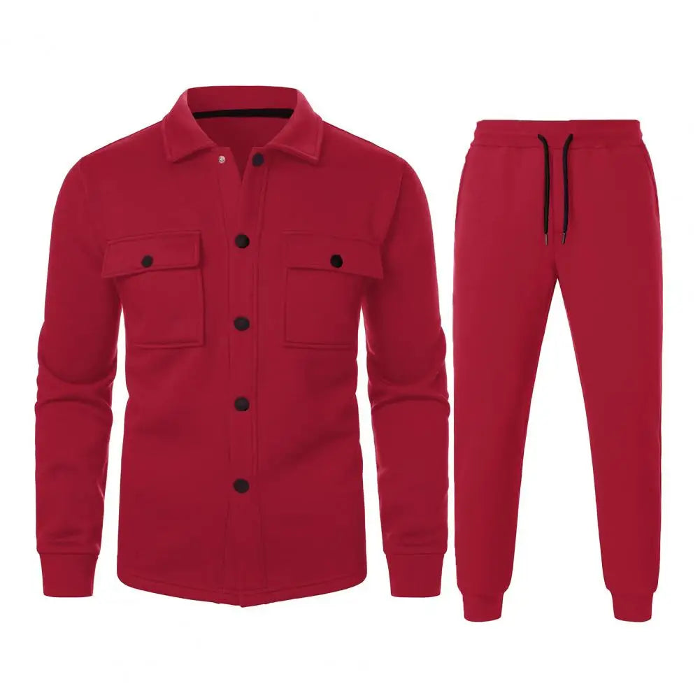 Men's Turn-Down Collar Cargo Utility Pocket Button Front Jacket + Sweatpants Activewear 2-Piece Set