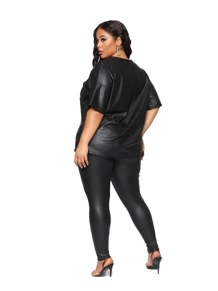 Black Faux Leather Women's Short Sleeve Blouse + Stretch Leggings 2-Piece Set to 5X Plus Size