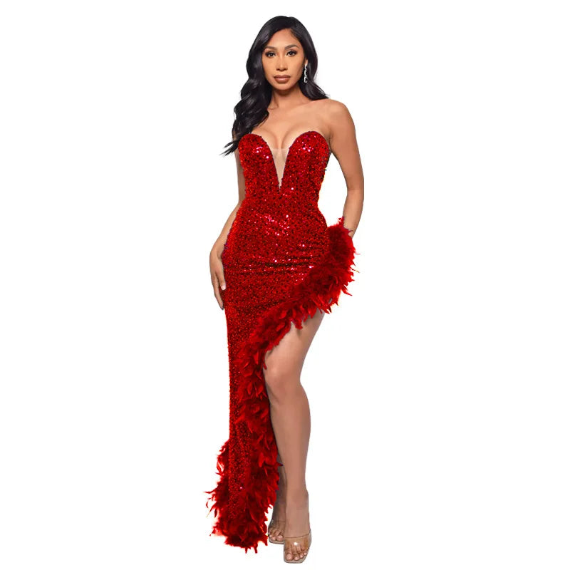 Tube Feather Hem Sparkling Crystal Sleeveless Backless High Side Slit Bodycon Formal Party/Prom Maxi Evening Dress