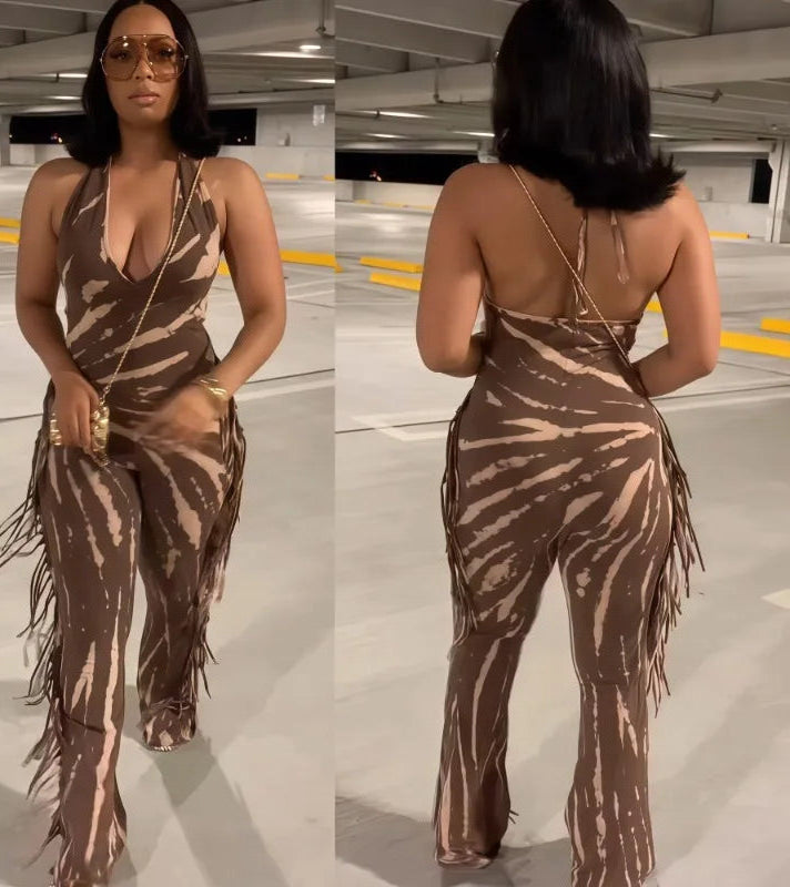 Coffee/Grey Striped Swirl Print Tassel Fringe Design Backless V-Neck Bodycon Women's Sleeveless Jumpsuit to 3X Plus Size