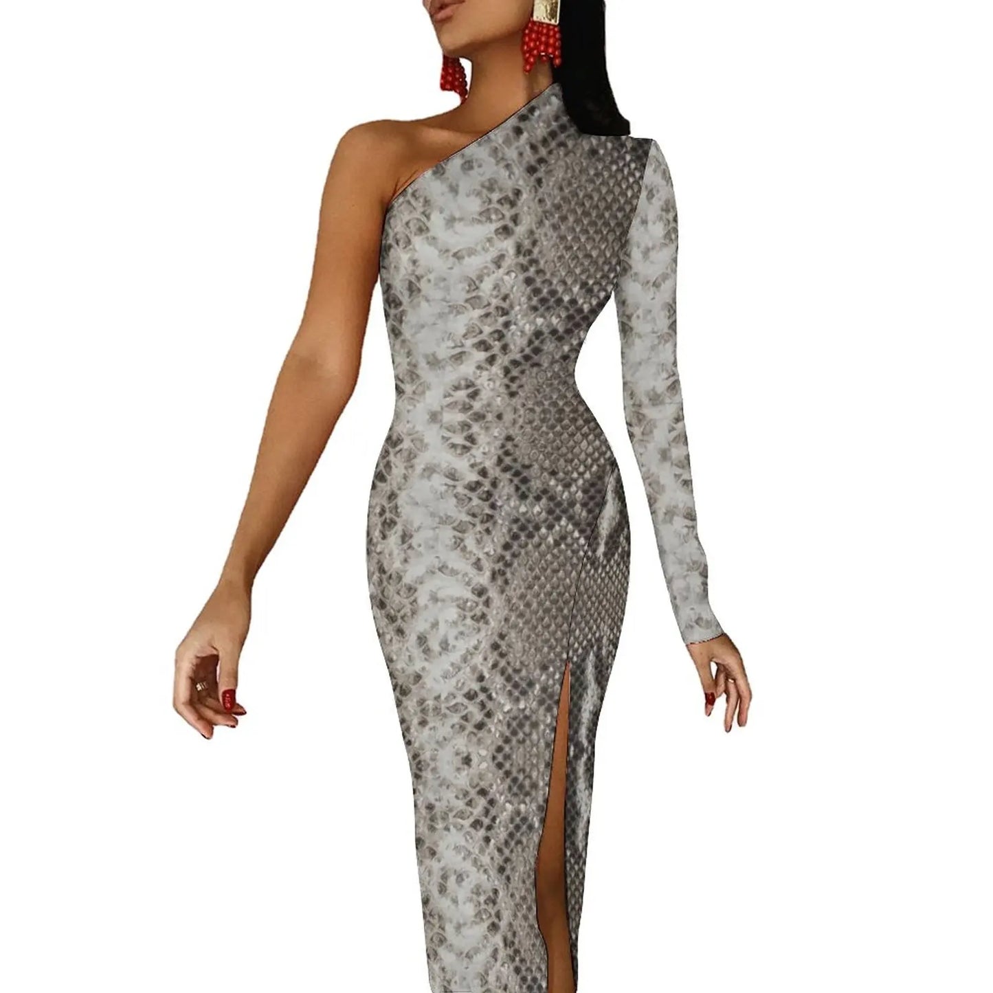 Snake Print/Geometric High Slit One Shoulder Long Sleeve Party Bodycon Maxi Dress