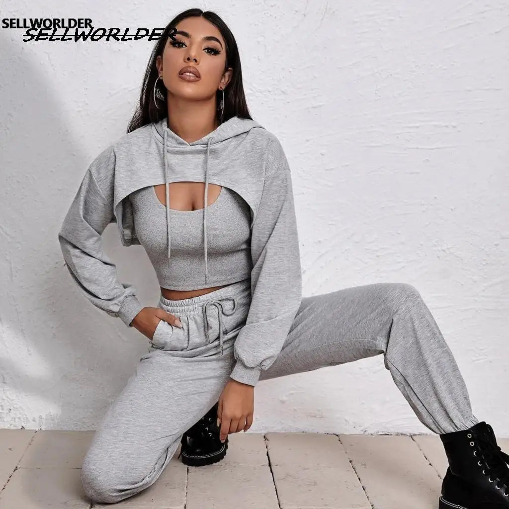 Cut-Out Pullover Hoodie Sweatshirt + Sweatpants Ladies 2-Piece Set