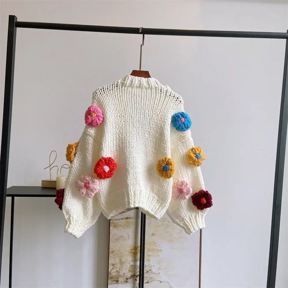 White Wool Crochet Big Flower Embroidered Design Women's Cardigan Sweater
