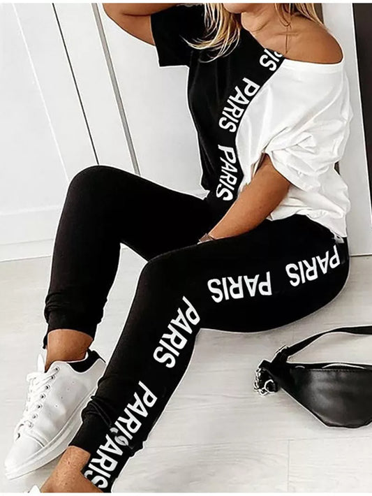 "PARIS" Off Shoulder Letter Print Colorblock T-Shirt + Sweatpants 2-Piece Set