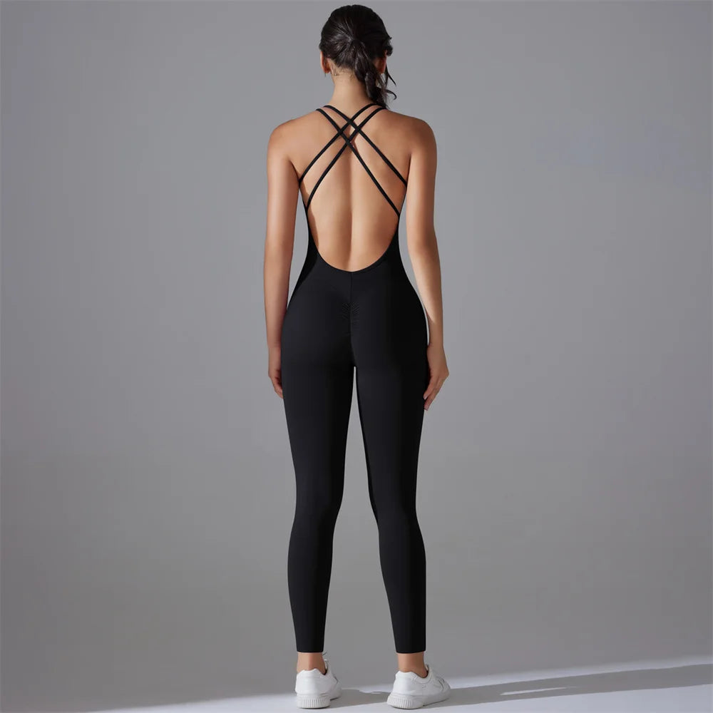 Fitness Solid Color Women's Criss-Cross Scrunch Workout Jumpsuit
