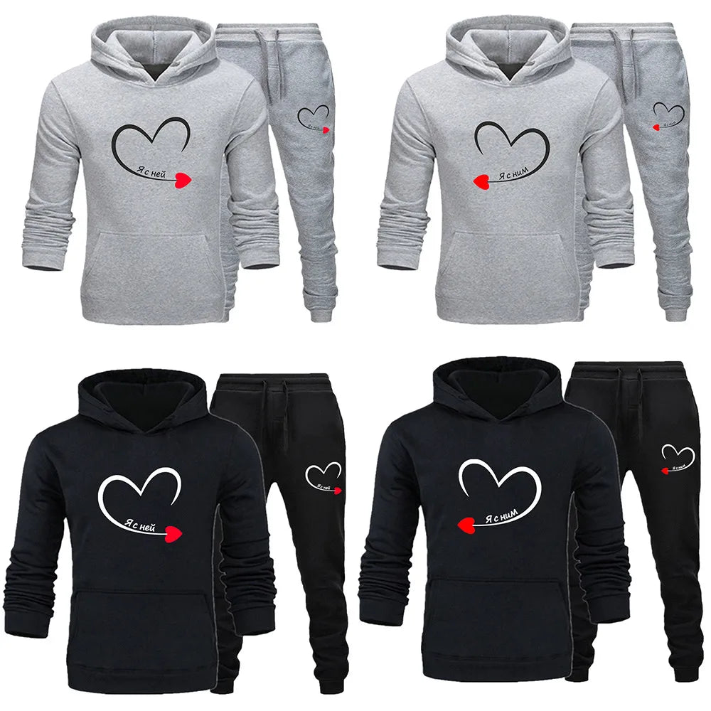 Matching Couples Love Heart Print Lover Hoodie + Pants Tracksuits