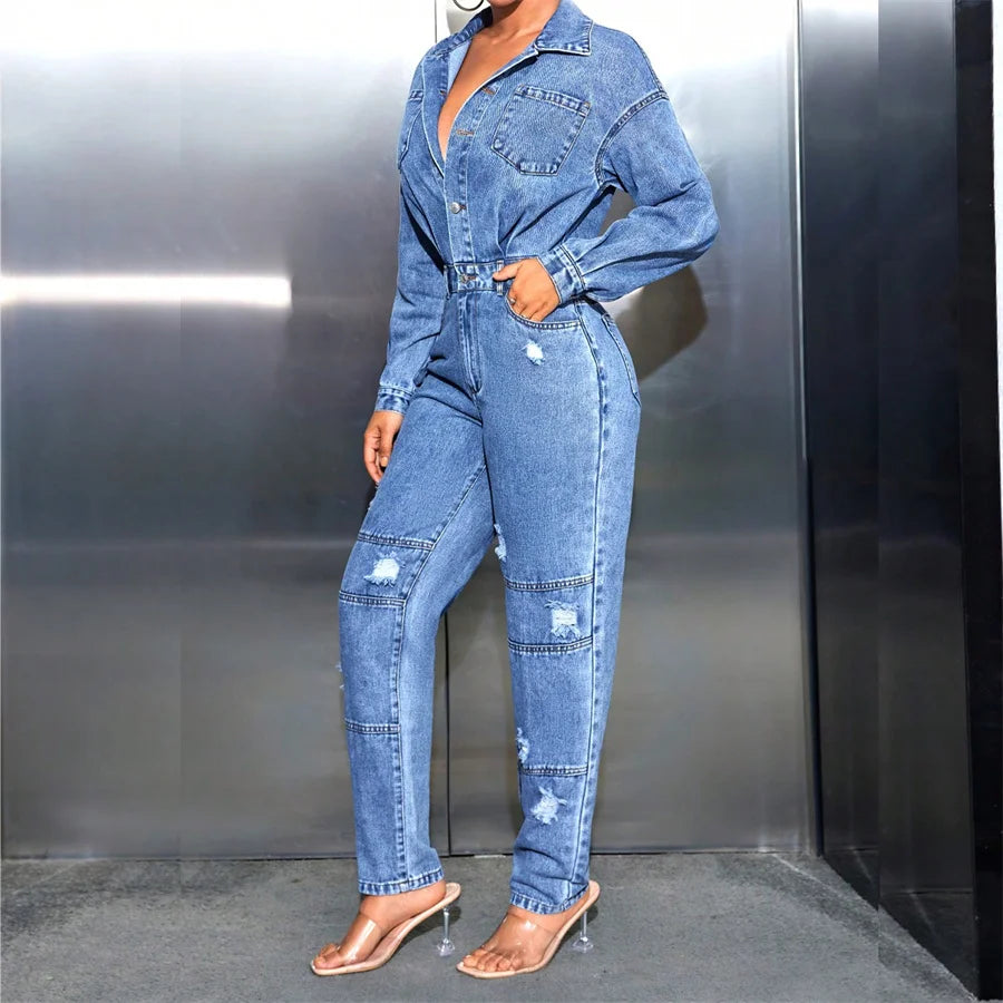 Denim Pocketed Faded Blue Ripped Hole Pattern Turn-Down Collar Elastic Waist Women's Streetwear Long Sleeve Overall Cargo Jean Jumpsuit