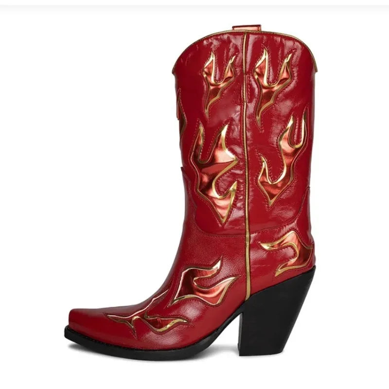 Western Flower Embroidered Pointed Toe PU Leather Midi Cowgirl Boots